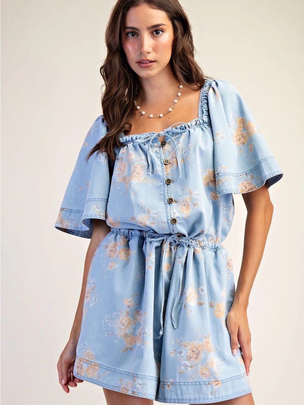 Easel Denim Floral Button Romper